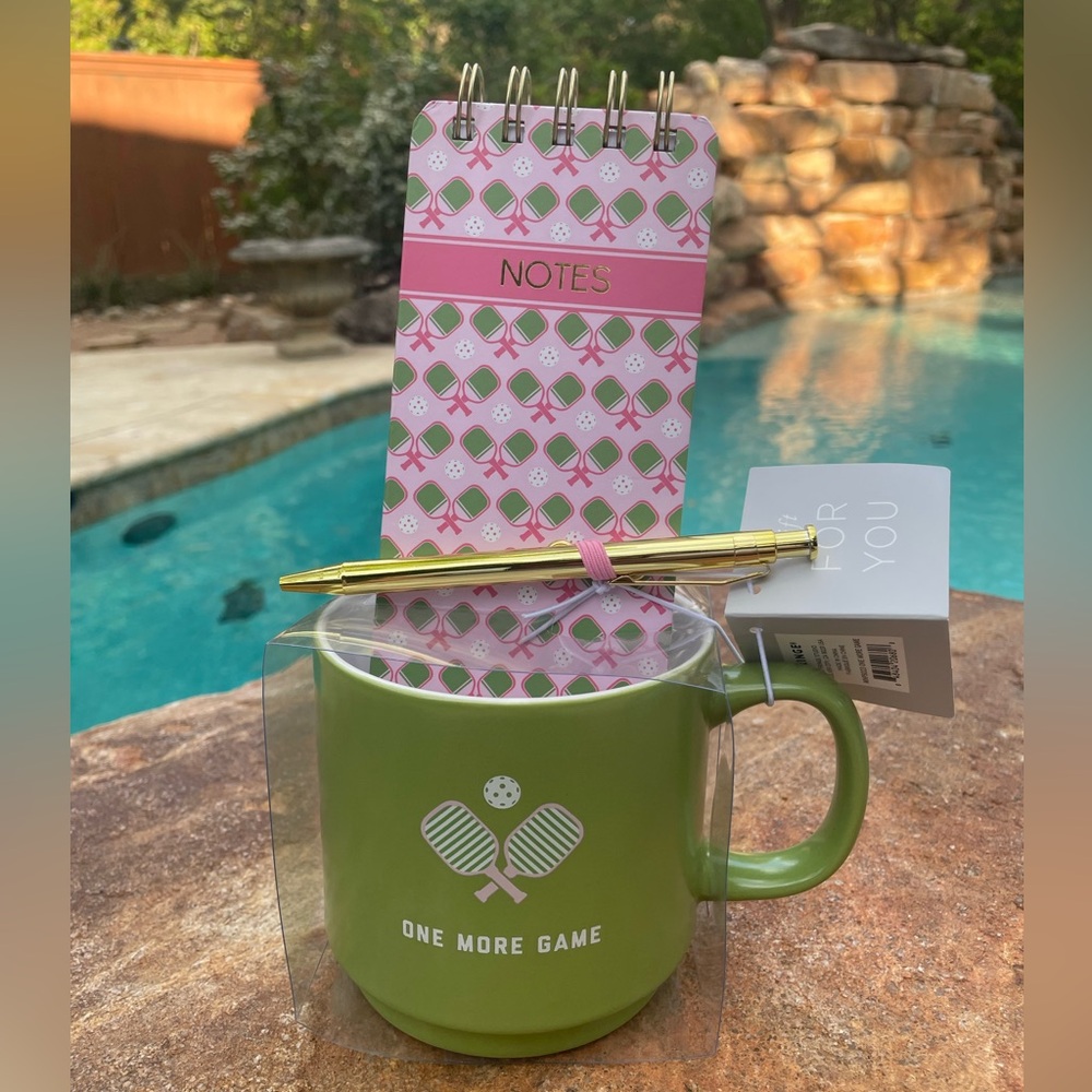 “One More Game” Green Ceramic Mug Notepad and Pen Gift Set by Fringe NEW!